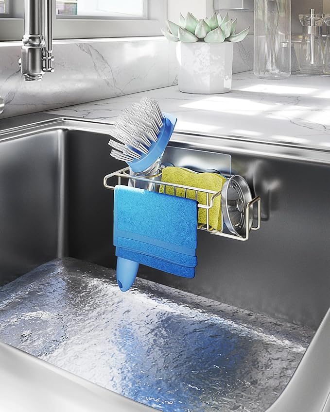 HapiRm Sink Caddy Sponge Holder - No Drill Sponge Holder for Kitchen Sink, Rustproof and Waterproof Kitchen Organizer - Brushed Nickel