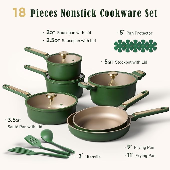 CAROTE Pots and Pan Set Non stick, Cookware Set, 18pcs NonStick Kitchen Set Induction Cookware Non-toxic Granite Cooking Set