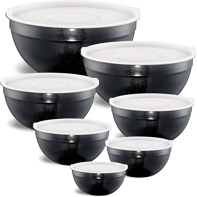 Black Mixing Bowls with Airtight Lids, Stainless Steel Nesting Mixing Bowls Set of 7, Ideal for Baking, Prepping and Serving Food, Size 7, 3.6, 2.7, 2.1, 1.5, 1.1,0.8 QT, Stackable Design