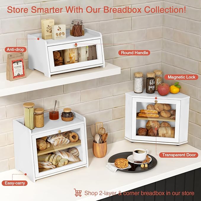 White Bread Box for Kitchen Countertop, Modern Counter Breadbox for Homemade Bread, Large Corner Bread Storage Container for Sourdough Loaf Organizers and Storage (White Bamboo Wood)