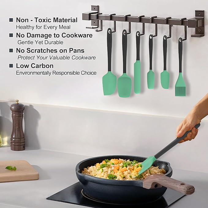 Silicone Spatula Set, 6 Pieces Food Grade Kitchen Utensils with Silicone Brush Heat Resistant Dishwasher Safe BPA-free Rubber Spatula for Scraping, Baking, Cooking, Mixing (Aqua Green)