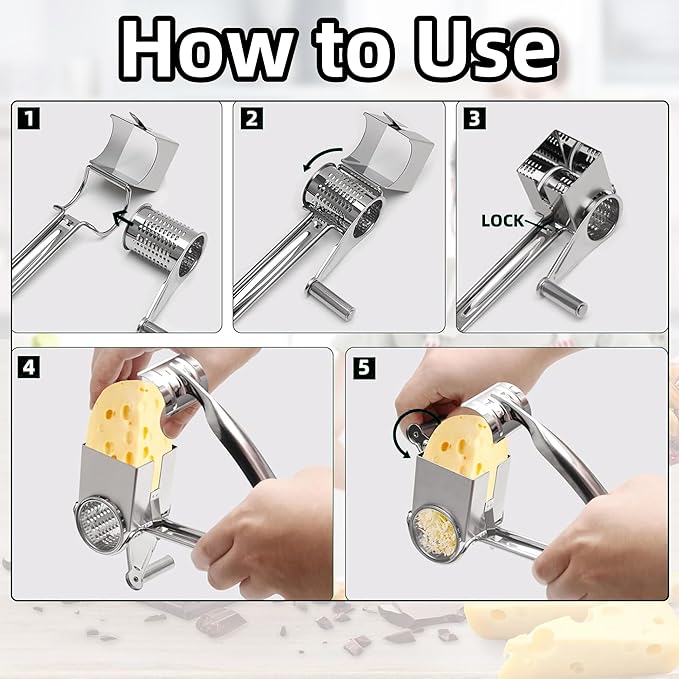 Cheese Grater, Stainless Steel Rotary Cheese Graters Shredder Handheld, Kitchen Grater for Cheese Ginger Vegetables