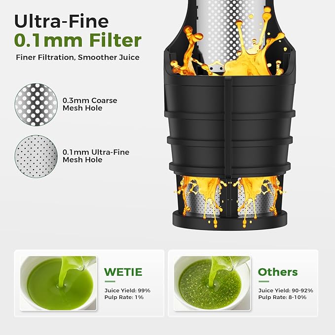 WETIE Cold Press Juicer, Powerful Juicer Machines with Adjustable Juicing Pressure, 99% High Juice Yield, Quiet Slow Masticating Juicer with Touch Screen, 3.54'' Feed Chute, Easy to Clean with Brush