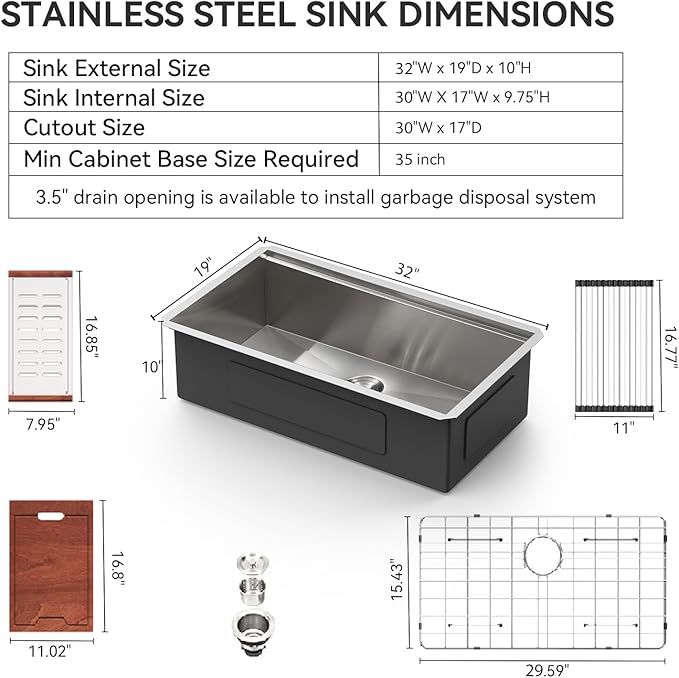 Lordear 32 Undermount Kitchen Sink 32x19 Inch Stainless Steel Kitchen Sinks Ledge Workstation 16 Gauge Single Bowl Under Counter Handmade Sink with Cutting Board
