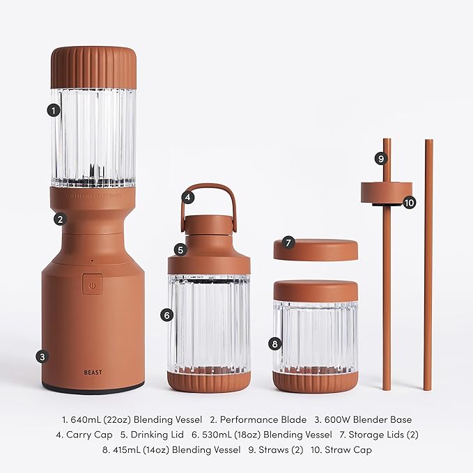 The Beast Mini Blender Plus | Mini Countertop Kitchen Blender | Blend Smoothies and Shakes, Dressings, Sauces, Dips | Extra Vessels, Straw Cap and Straws Included | 600W (Terra)