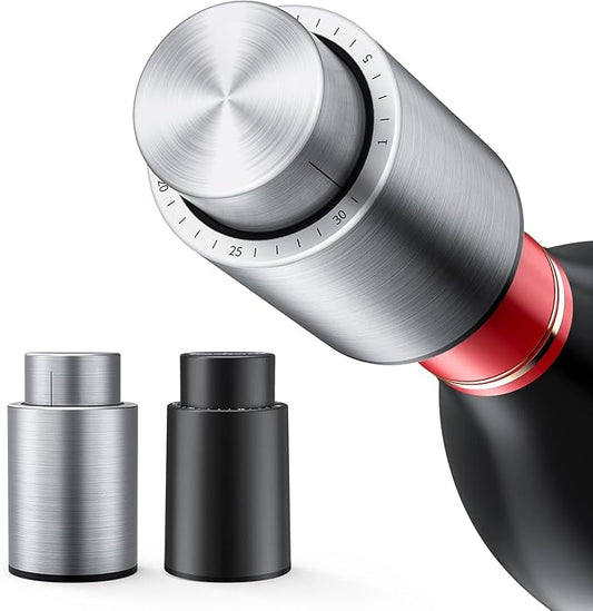[2 PACK]Wine Bottle Stoppers，2-in-1 Vacuum Wine Stopper，1 Stainless Steel (Silver) and 1 ABS(Black) Wine Savers, Reusable Wine Preserver, Vacuum Pump Corks Keep Wine Fresh, Best Gift Accessories.