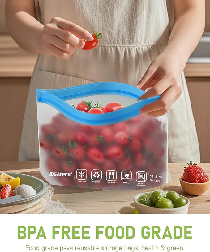 IDEATECH Food Storage Containers, BPA Free PEVA Reusable Gallon Freeezer Bags, Reusable Quart Size Sandwich Bag, Leakproof Baggies for Travel, Lunch, Healthy Food (8Gallon 6Quart 6Snack, Grey)
