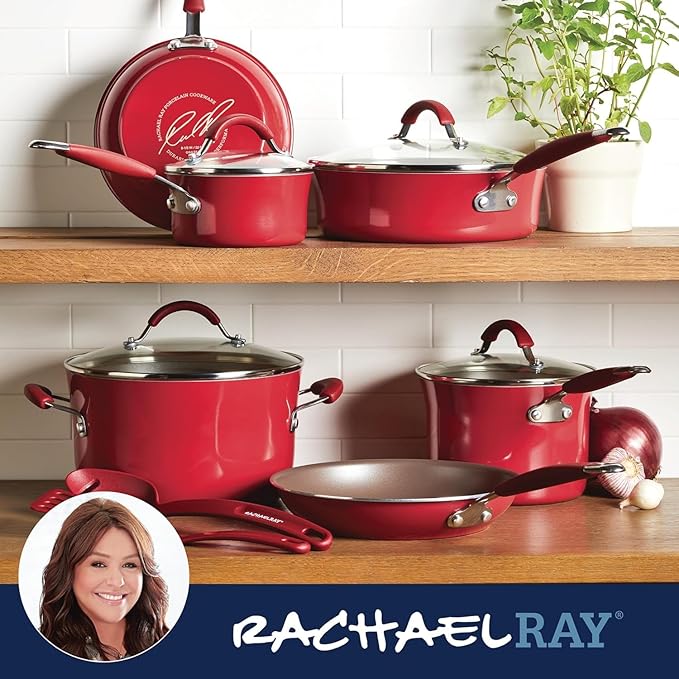 Rachael Ray Cucina Nonstick Cookware Pots and Pans Set, 12 Piece, Cranberry Red