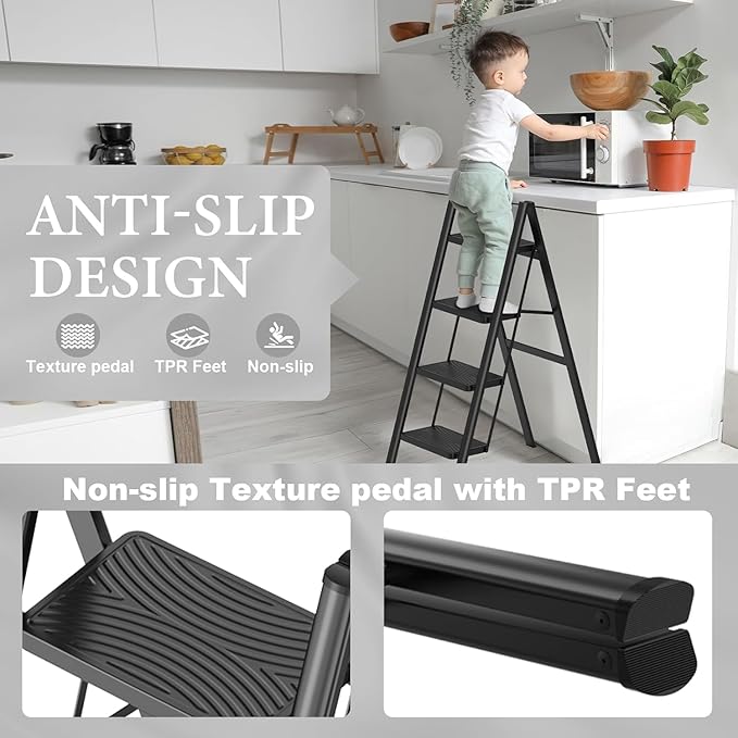 HBTower Step Ladder, 4 Step Ladder Folding Step Stool, Portable Sturdy Steel Ladder for Adults Home Outdoor Kitchen Garage,Black