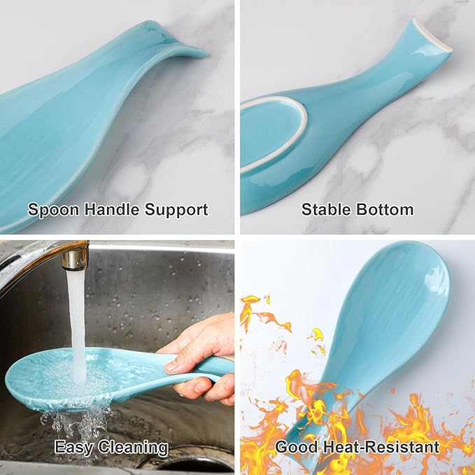 Ceramic Spoon Holder for Stove Top, Large Cooking Spoon Rest for Kitchen Counter, Hasense 8.7 Inch Utensil Rest for Spatula, Ladle and Tong, Microwave Safe, Teal