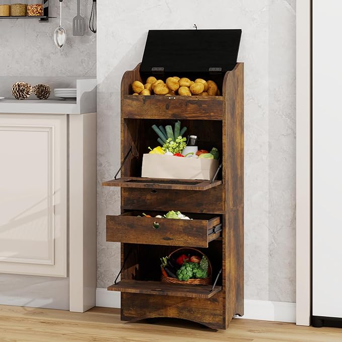 ARTETHYS Potato and Onion Storage Bin with Wheels Movable Bread Box with Lid Rustic Vegetable Organization Cabinet for Kitchen
