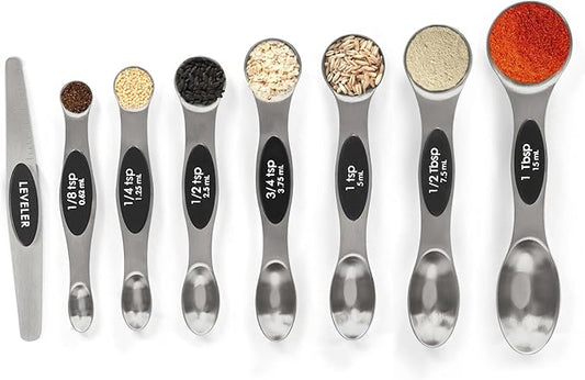 Magnetic Measuring Spoons Set with Leveler, Stackable Stainless Steel Tablespoons for Baking, Fits in Spice Jars