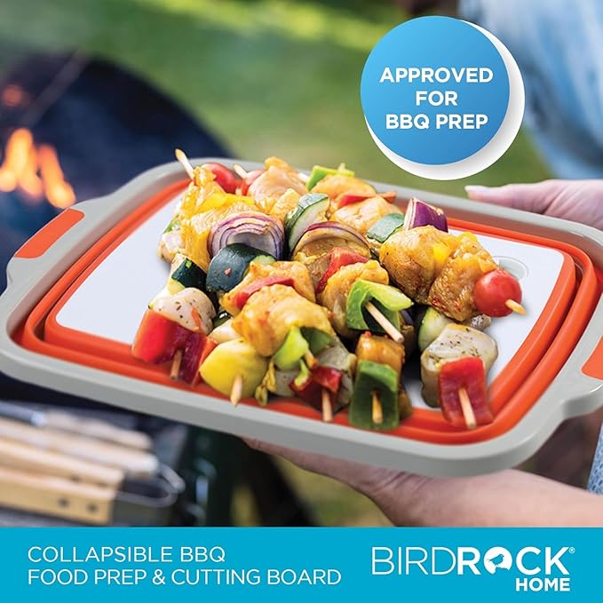 BIRDROCK HOME 2-pack Collapsible BBQ Prep Tub w/Cutting Board, Multi-Function Grill Caddy w/Colander & Lid, Portable Silicone Dish Bowl for Picnic, Tailgate, Camping (Orange, X-Large)