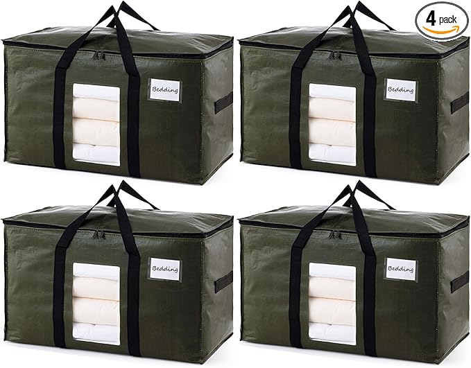 TAILI 4 Pack Green Extra Large Storage Bags, Heavy Duty Totes with Visible Window, Wrap Around Handles, Perfect for Moving