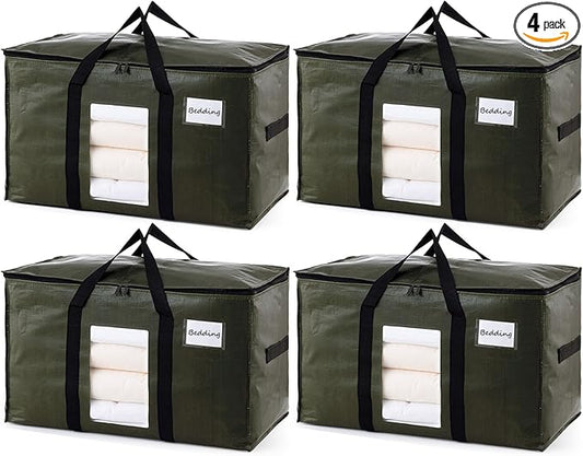 TAILI 4 Pack Green Extra Large Storage Bags, Heavy Duty Totes with Visible Window, Wrap Around Handles, Perfect for Moving