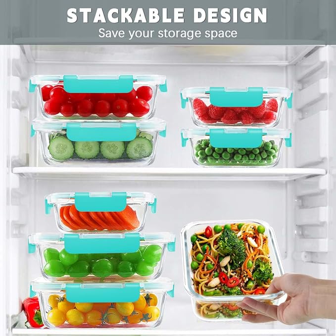 KAMOTA Glass Food Storage Containers, 10 Pack Glass Meal Prep Containers, Airtight Containers with Snap-Lock Lids, 34 oz and 13 oz green Container Set with Lids, for Microwave/Oven/Freezer
