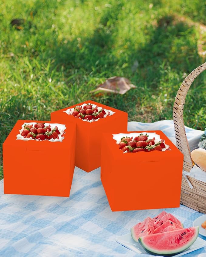 Bakepacker 36pcs 6x6x5 Inches Cake Boxes with Window 18-Packs Orange Cake Boxes 6 Inch Bakery Boxes (18 Cake Boxes +18 Cake Boards Included)
