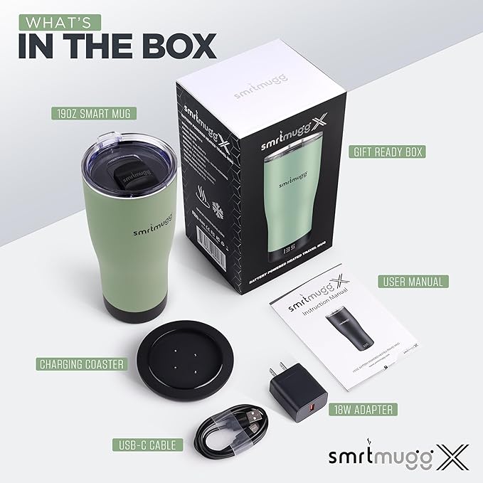 X Heated Coffee Mug 19 oz., 8 Hour Battery Life, Self-Heating, Adjustable Temp Controlled, LCD Screen, Includes Cover with Magnetic Slider (Black) (Sage Green)