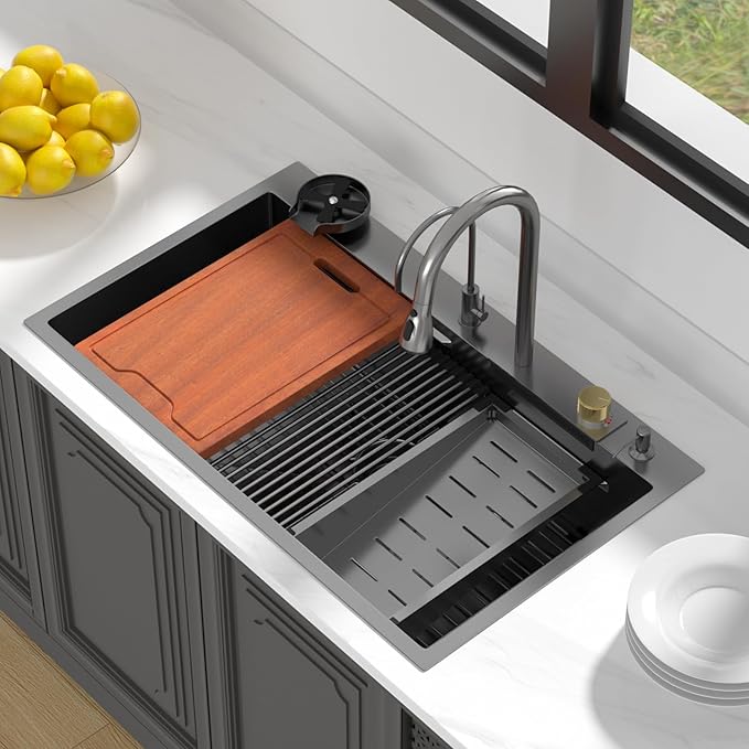 Lordear 36 Waterfall Kitchen Sink Drop In 36"x22" Workstation Gunmetal Black 16 Gauge Single Bowl Topmount Handmade Sinks with Pull Out Faucet,Glass Rinser Included