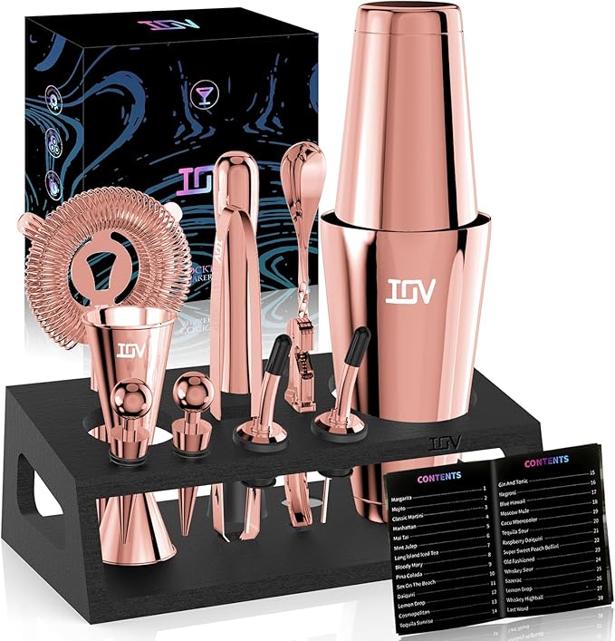 IOV Cocktail Shaker Set: 12-Piece Mixology Bartender Kit Bar Set | 18oz & 28oz Boston Shaker Drink Mixing Tools for Home with Recipe Booklet and Stand | Fun Housewarming Gift (Rose Gold)