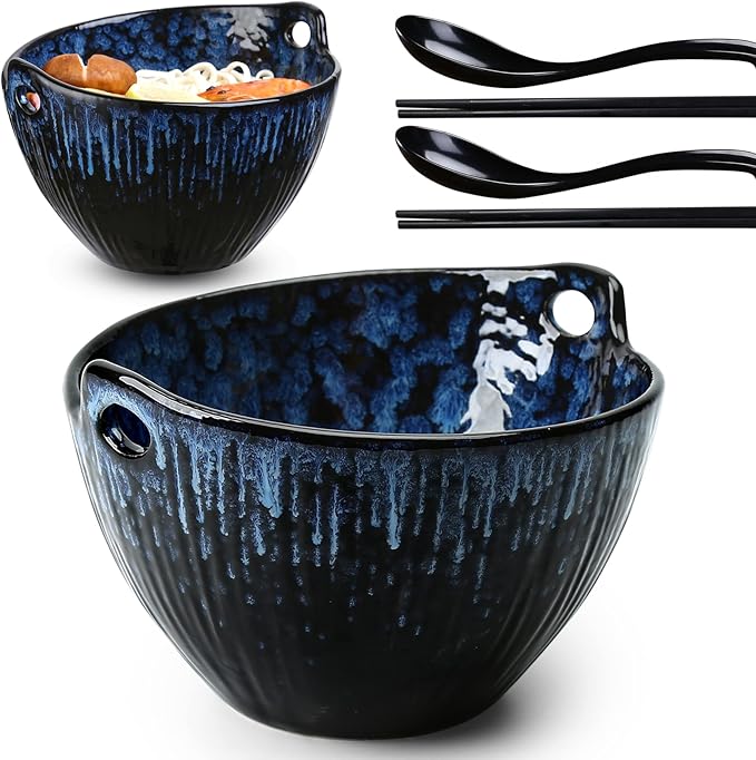Ramen Bowl with Chopsticks and Spoons Set, 7 Inch Ceramic Noodle Bowl Set of 2, Dishwasher Safe for Pho Udon Soba Noodle Salad Pasta, Special Reactive Glazed Navy Bowls Set
