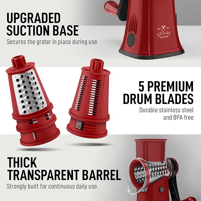 Zulay Kitchen Rotary Cheese Grater 5 Blade Cheese Shredder - Manual Hand Crank Cheese Grater With Reinforced Suction & 5 Interchangeable Drums - Easy to Use, Vegetable Chopper Round Mandoline Slicer