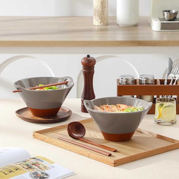 MALACASA 42 oz Ceramic Ramen Bowl Set with Wooden Spoon & Chopsticks, Japanese Style Soup Bowls for Ramen, Pho, Noodles – Set of 2, Microwave & Dishwasher Safe, Series TARA (Brown and Khaki)