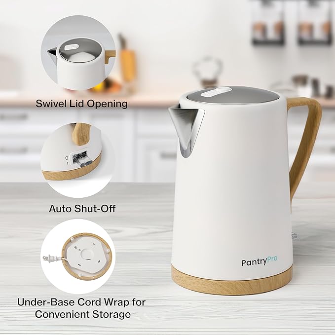 1.7L 1500W Wide Mouth Electric Kettle - Stainless Steel Interior - Rapid-Boil - Auto Shut-Off, Boil-Dry Protection, Cool-Touch, LED Indicator - White by The Display Guys