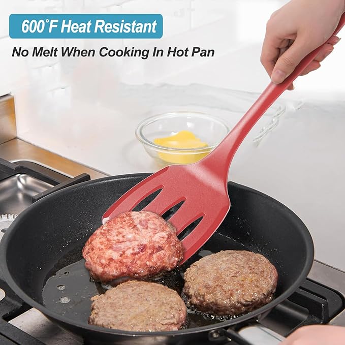 600˚F Heat Resistant Silicone Spatula Set, 13.6" Kitchen Spatula Turners for Non Stick Cookware, Flexible Spatulas with Thin Edges, Seamless Cooking Utensils for Fish, Eggs, Pancakes, Red