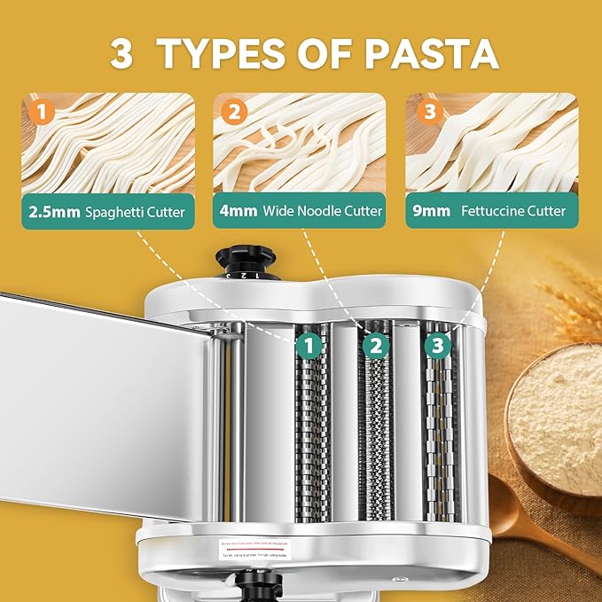 Newhai Electric Pasta Maker Family Noodle Making Machine Dough Roller 2.5mm Spaghetti 4mm Wide Noodle 9mm Fettuccine Cutter 110V US Stainless Steel for Home Use