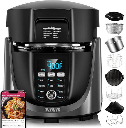 Nuwave Duet Air Fryer, Electric Pressure Cooker & Grill Combo, 540 IN 1 Multicooker with 2 Removable Lids, Slow Cook, Sears, Sautés, 18/10 SS Pot, Sure-Lock Safety Tech & 9 Deluxe Accessories