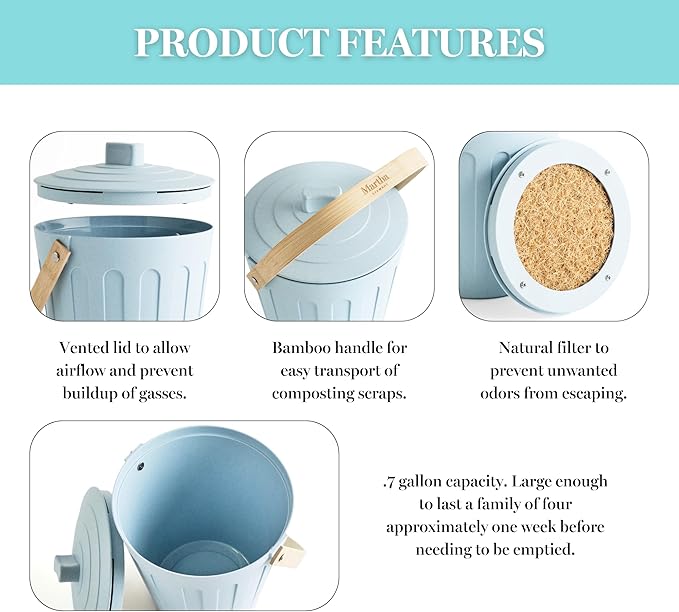 Martha Stewart Indoor Compost Bin | Countertop Composting Bucket for Kitchen | .7 Gallon Capacity | Includes Filter | Plant Based Materials | Sage Green