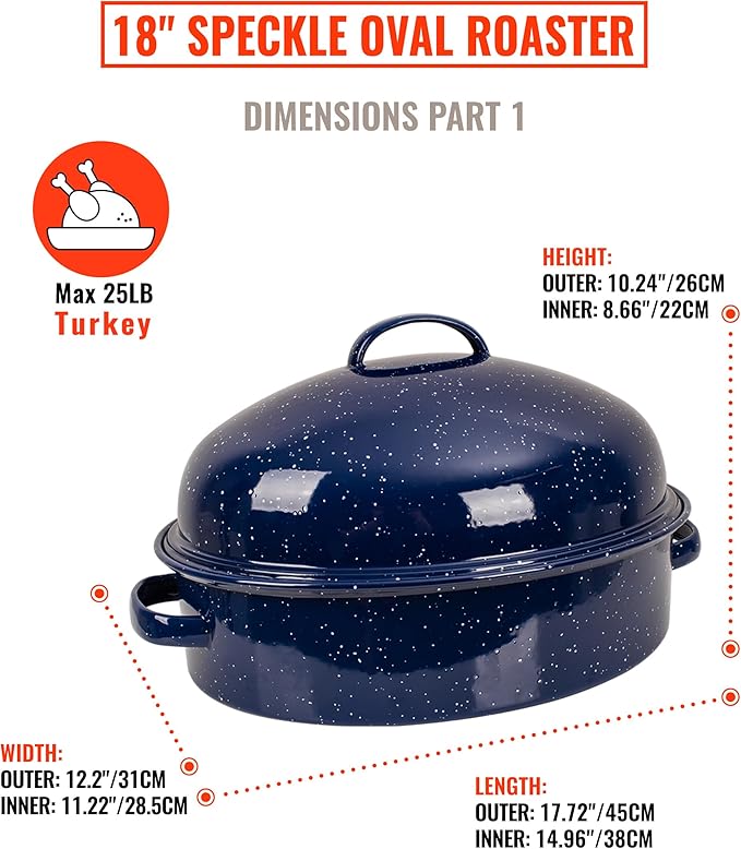 Roasting Pan with Lid and Rack 18" Dark Blue and White Speckled Design Large Oval Enamel Roast pan,Perfect for Thanksgiving Christmas Parties and Dinner Gatherings with Mesh Frame Gift Packaging