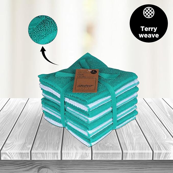 AMOUR INFINI Dish Cloths for Washing Dishes Set of 8 - Highly Absorbent, Super Soft Kitchen Dishcloths - Reusable Quick Dry Dish Rags for Cleaning & Drying Kitchen Linens (12x12 Inch - Teal)