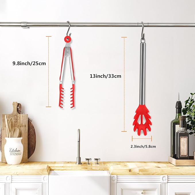 2 Pieces Spaghetti Spoon and Pasta Tong,Non-stick 13 Inch Silicone Spaghetti Fork and 9.8 Inch Stainless Steel Handle Spaghetti Tong Food Clip for Spaghetti Noodle (Red)