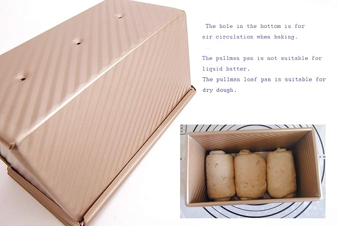 monfish Pullman Loaf Pan w Cover Bread Toast Mold corrugated loaf Pan w lid 1lb dough Alluminumed Steel Non Stick Gold (8.5X4.75X4.375INCH)