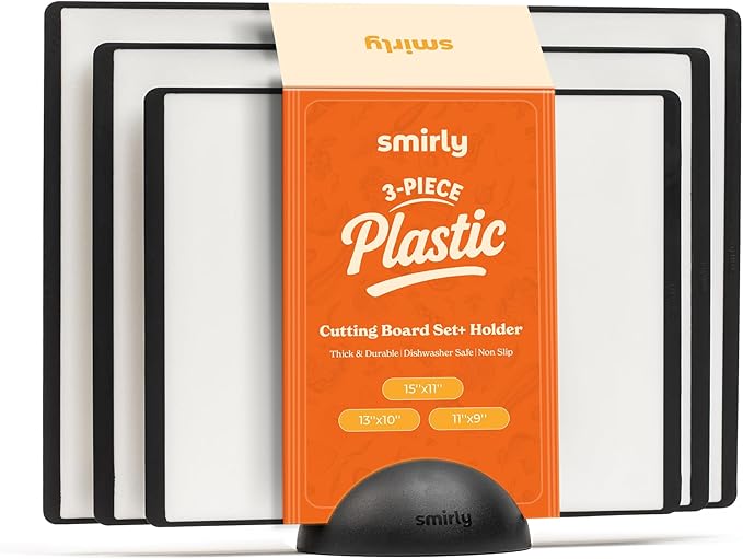 SMIRLY Plastic Cutting Board Set with Holder 3 Pieces, Non-Slip Dishwasher Safe Chopping Boards for Kitchen, Black & White