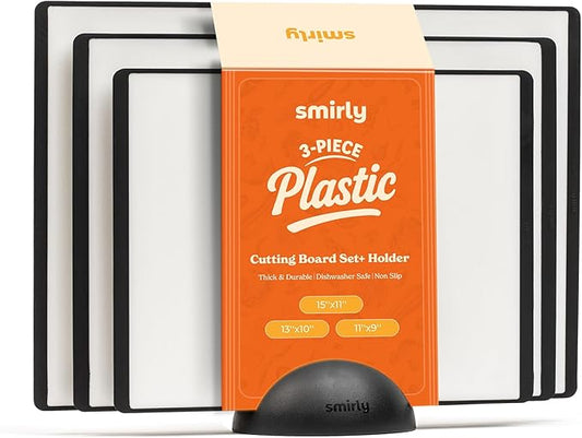 SMIRLY Plastic Cutting Board Set with Holder 3 Pieces, Non-Slip Dishwasher Safe Chopping Boards for Kitchen, Black & White