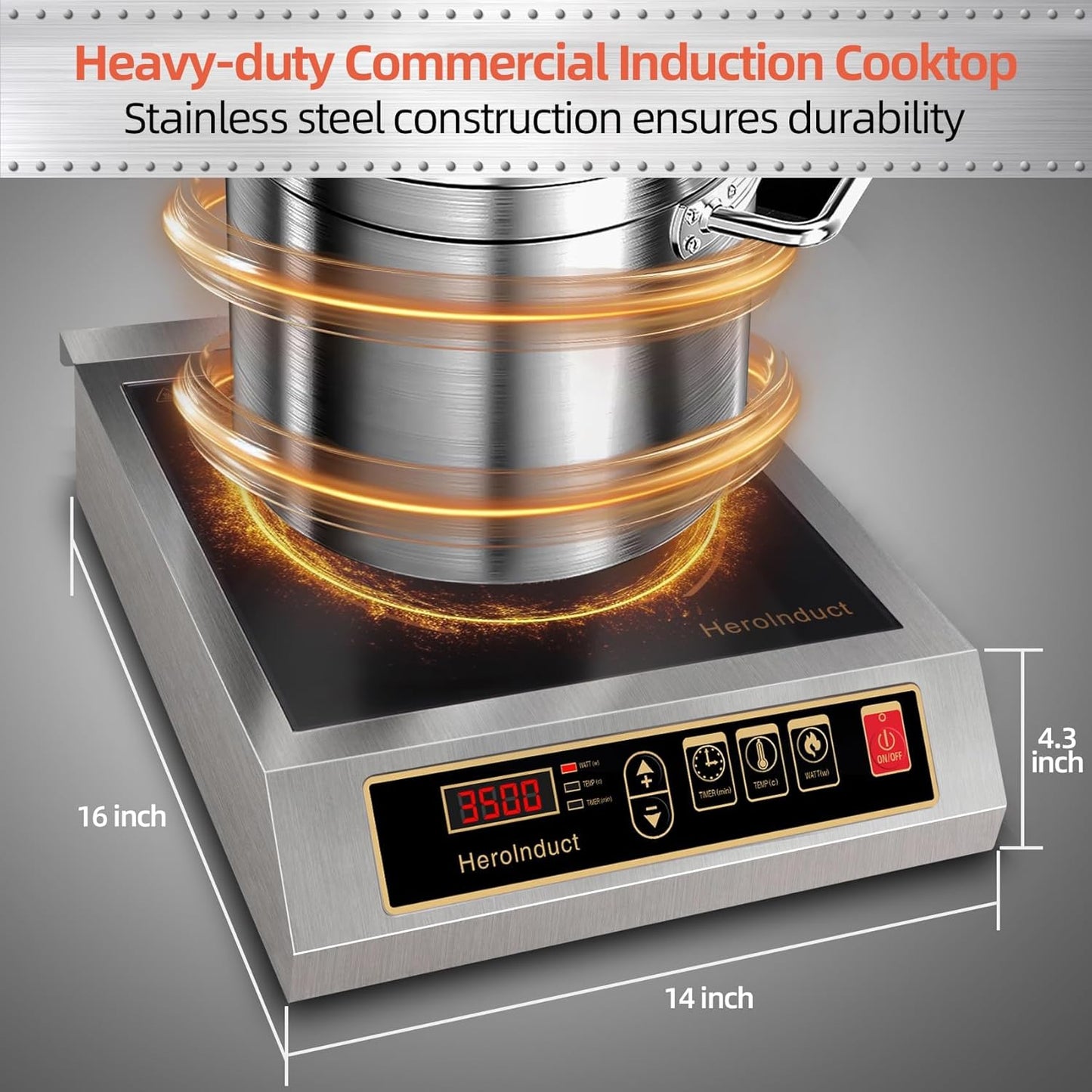 Portable Induction Cooktop 208-240V 3500W Commercial Range Countertop Burner Dual IGBT Modules 8 Heating Level Timer Sensor Push-Button Premium Stainless Steel Housing Ceramic Glass（Black）