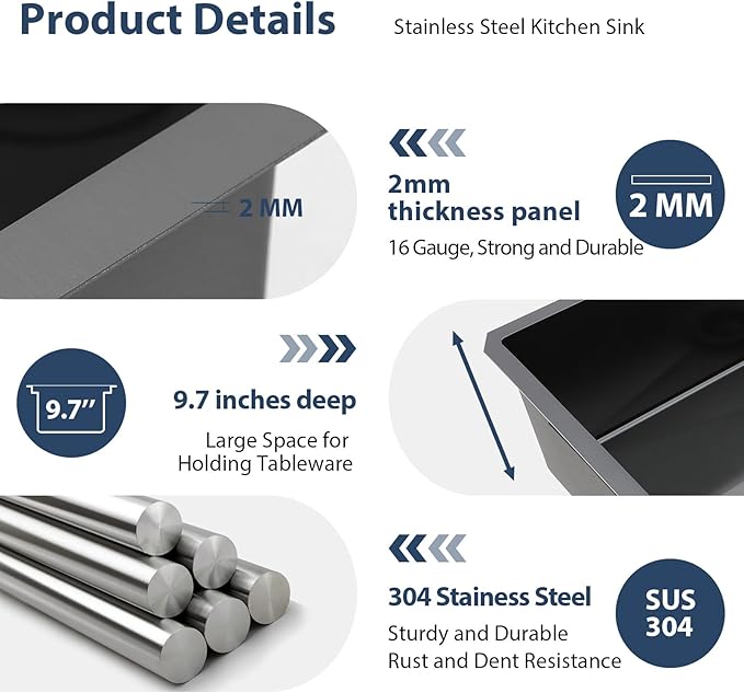 Lordear 33 Inch Black Stainless Steel Sink Undermount Kitchen Sink T304 16 Gauge 33x19 Inch Single Bowl Sink Handmade, Gunmetal Black 33x19x10 Inch, Handmade