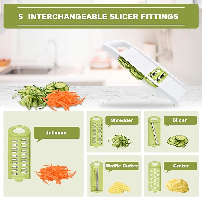 5 in 1 Mandoline Slicer Vegetable Slicer Mandolin Multi Blade Potato Veggie Slicer Vegetable Cutter Julienne Shredder Potato Slicer Green