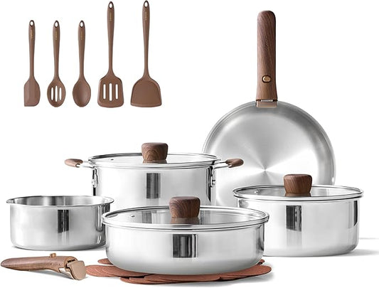 CAROTE 19pcs Stainless Steel Cookware Set with Detachable Handle, Pots and Pans Set, Induction Kitchen Cooking Sets, RV/Camping Cookware, Removable Handle, Oven Safe, Woodgrain