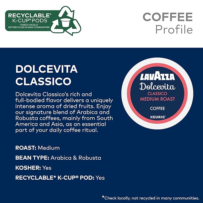 Lavazza Dolcevita Classico, Single-Serve Keurig K-Cup Pods, Medium Roast Coffee, 40-Count Box