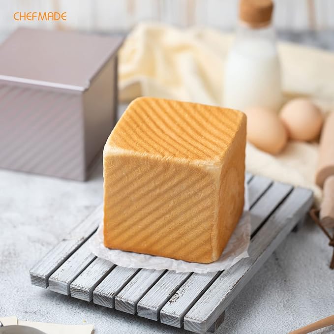 CHEFMADE Mini Pullman Loaf Pan with Lid, 0.55Lb Dough Capacity Non-Stick Rectangle Corrugated Toast Box for Oven Baking 3.9" x 3.9"x 3.9"(Champagne Gold)