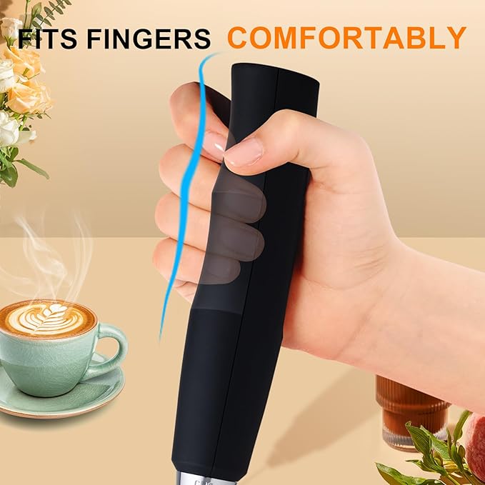 YUSWKO Black Handheld Milk Frother Wand with Stand for Coffee, Rechargeable Electric Whisk with 3 Heads 3 Speeds Drink Mixer Coffee Frother For Latte, Cappuccino, Hot Chocolate, Egg