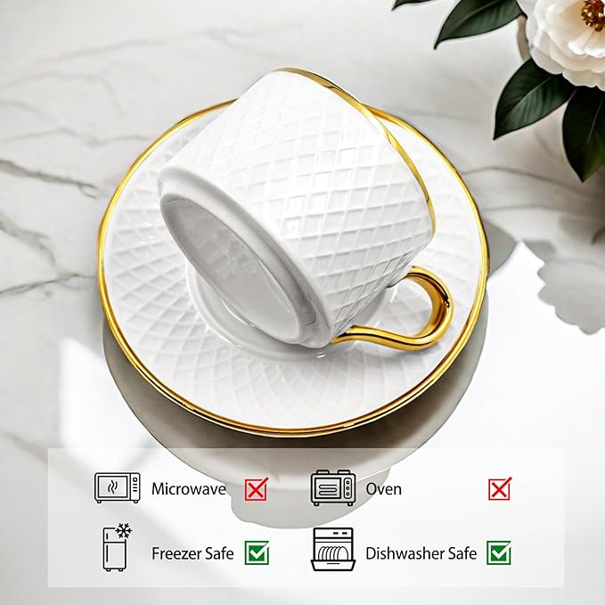 Espresso Cups and Saucers Set of 6, 7 OZ Porcelain Cappuccino Cups with Saucers, Stackable Coffee Mugs for Demitasse, Latte, Cafe, Mocha, Tea, Mother's Day Gift Thanksgiving Christmas Gift Present