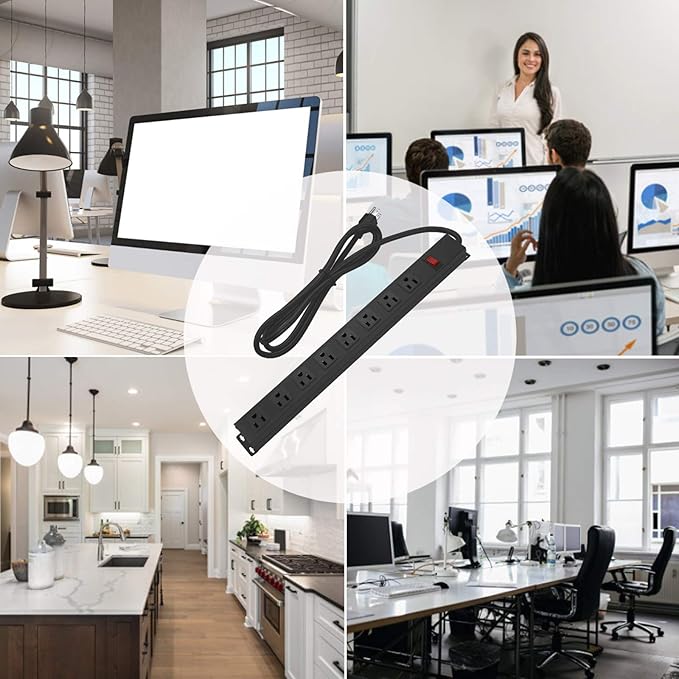 2Pack Metal 8 Outlet Mountable Power Strip, Wall Mount Outlet Heavy Duty, Wide Spaced Commercial Shop Power Strip with Switch, 3 FT SJT 14AWG Power Cord.