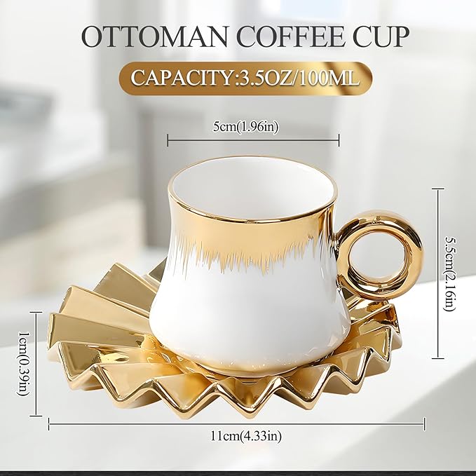 Turkish Coffee Cup - Tea Cups and Saucers Set of 6 with Gold Trim and Gift Box, 3.5oz Ceramic Cups for Turkish&Arabic Coffee, Cappuccino, Latte, Mocha, Au Lait, Double Espresso, Dishwasher Safe