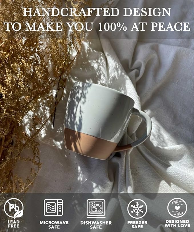 Mora Ceramic Large Latte Mug Set of 4, 16oz - Microwavable, Porcelain Coffee Cups With Big Handle - Modern, Boho, Unique Style For Any Kitchen. Microwave Safe Stoneware - Earl Grey