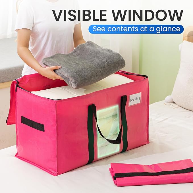 TAILI 2 Pack Pink Extra Large Moving Bags, Heavy Duty Totes with Visible Window, Wrap Around Handles, Space-Saving Storage, Alternative to Moving Boxes